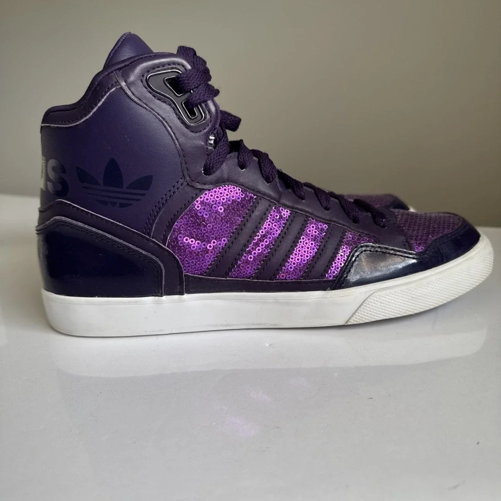 Adidas Extaball High Top Sneakers Womens Shoes US 8 Dark Violet Sequins White